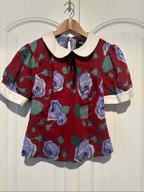Collectif vintage style Wine Floral Peter Pan Collar Blouse with Purple Roses